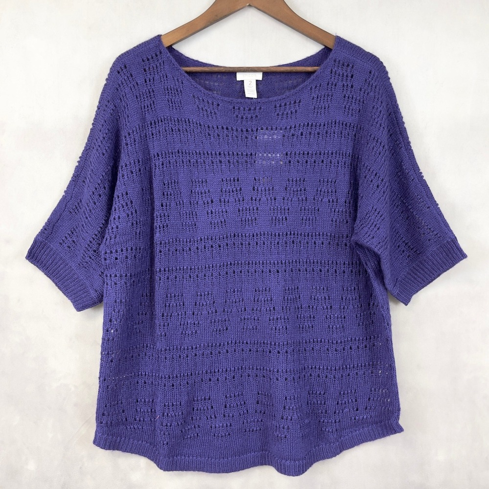 Chicos Gala‎ Pointelle Sweater Size Large Purple Beachy Breezy Coastal Resort
